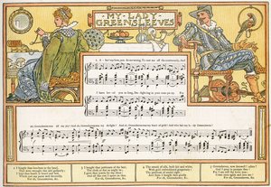 『マイ・レディ・グリーンスリーブス』、 『パン・パイプス』の歌のイラスト、古歌集、新曲、テオの伴奏付き。 Marzials、George Routledge und Sons、1884年にロンドンで発行（カラー 作： Walter Crane